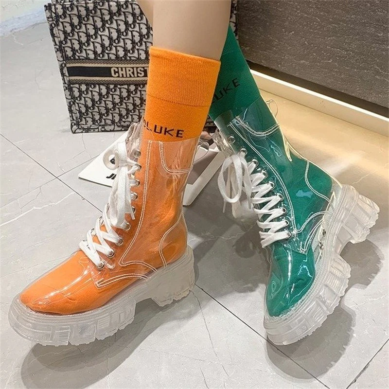 2022 Fashion Women Pu Transparent Platform Boots Waterproof Ankle Boots Feminine Clear Thick Bottom Rainboots Sexy Female Shoes