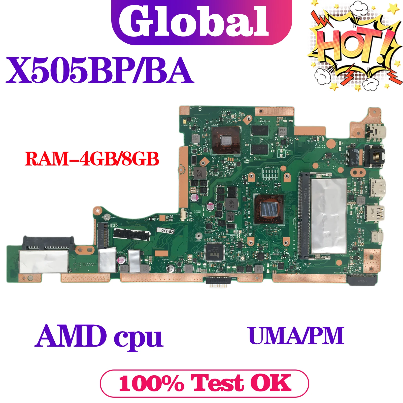 KEFU X505BP Mainboard For ASUS Vivobook X505BA A505B F505B K505B V505B S505B Laptop Motherboard E2 A4 A6 A9 4GB/8GB-RAM UMA/PM