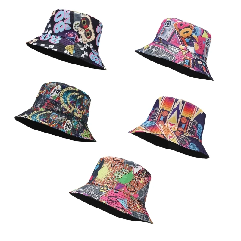 

2023 New Double-Side-Wear Bucket Hat Unisex Summer Commute Fisherman Hat Solid Color + 80s Disco Pattern Outdoor Vacation Hat