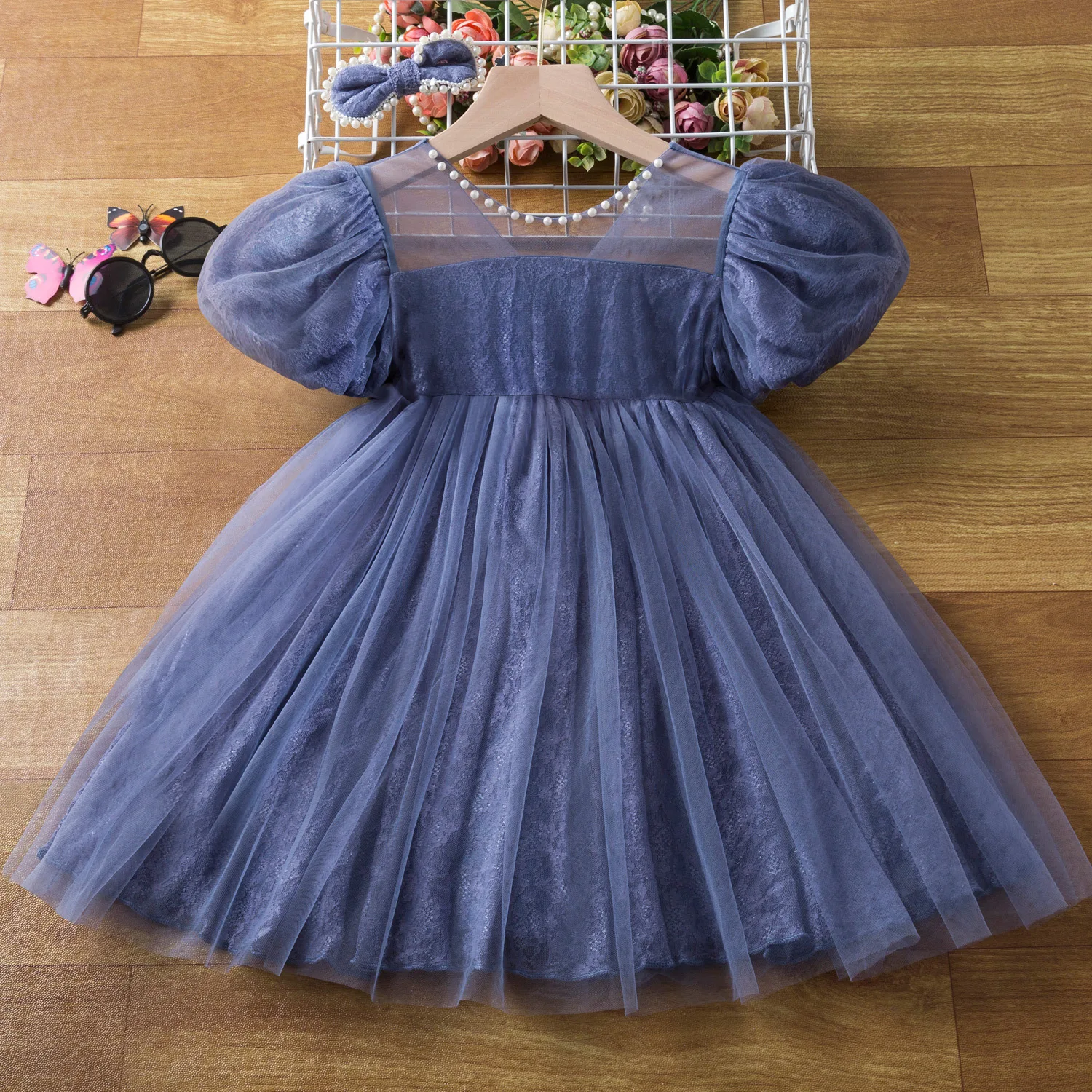 

Summer 2022 New Arrivals Girls Short Puff Sleeve Mesh Purple Hairpin Cute Roupa Infantil Menina Cute Party Dress Custume 2-10T