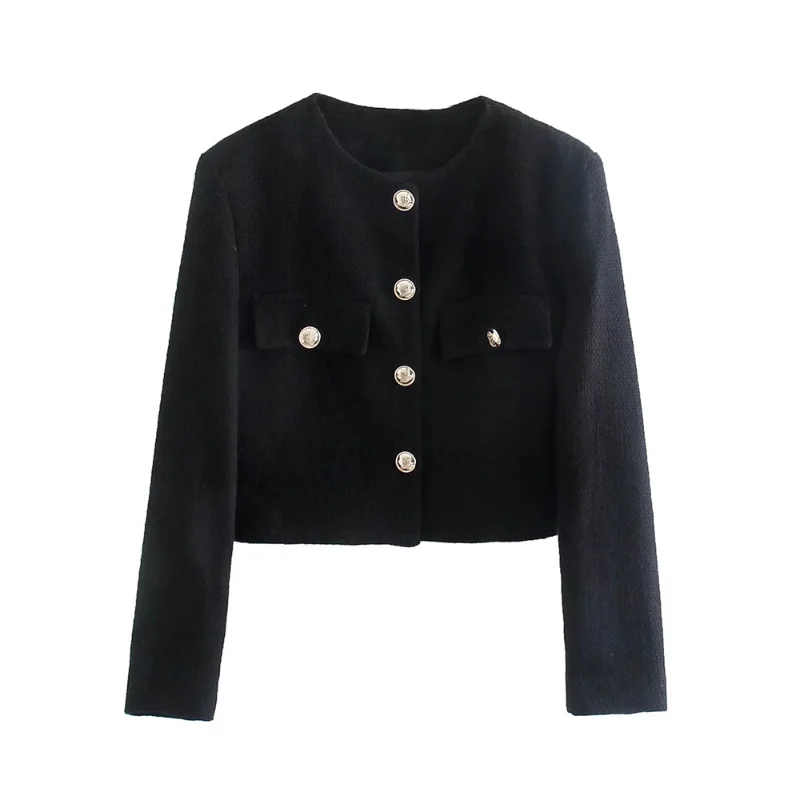 Single Breasted Blazer Female Casual Slim Short Blazer Coats Tweed Jacket Black Tops 2022 Tweed Women Black Vintage Office Lady