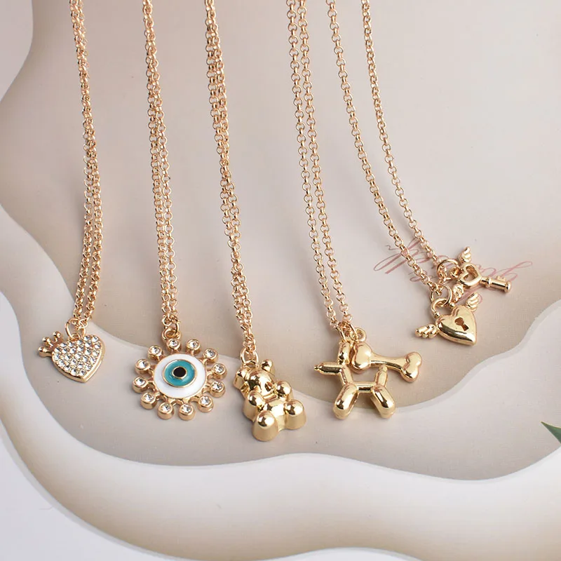 

Chain Simple Necklace Cartoon Dog Bone Heart Bear key Lock Evil eyes Pendant Charms Statement Short Necklace Party Jewelry