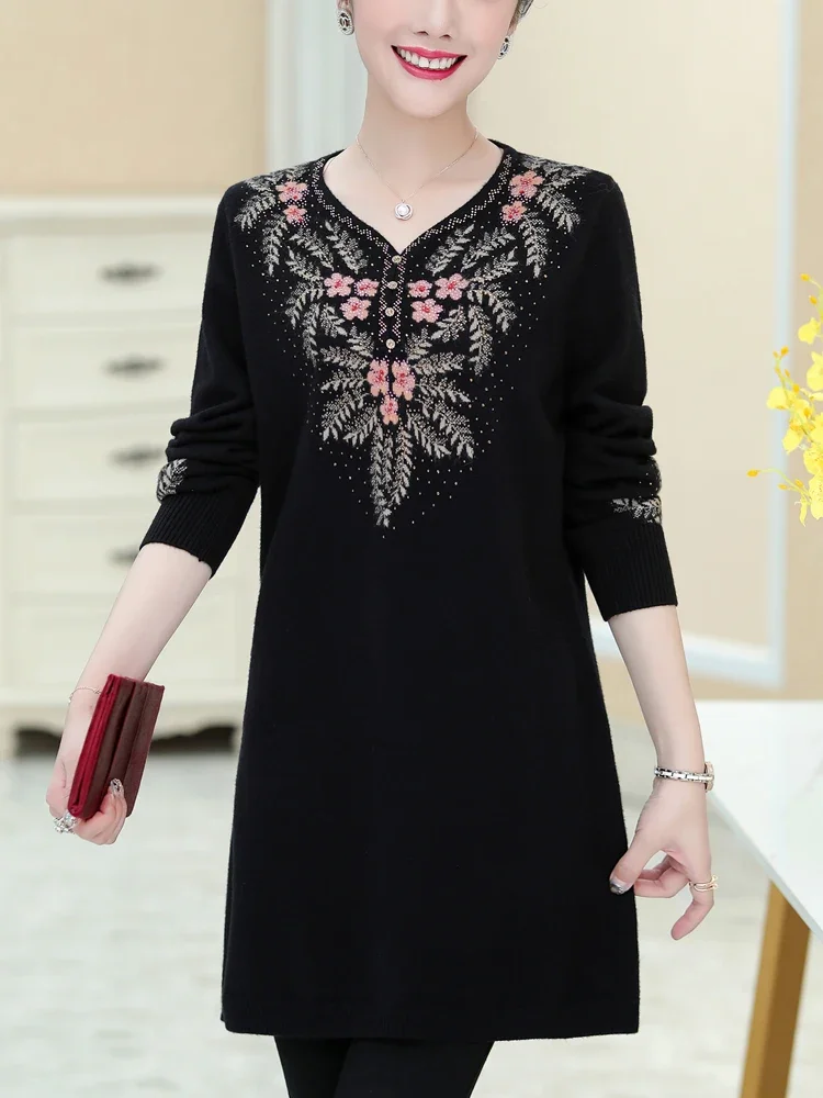 

Embroidery Sweaters Dress Autumn Winter Casual Long Sleeve Top Pullovers Knitwear Jumper Pull Slim Long Sweater Women