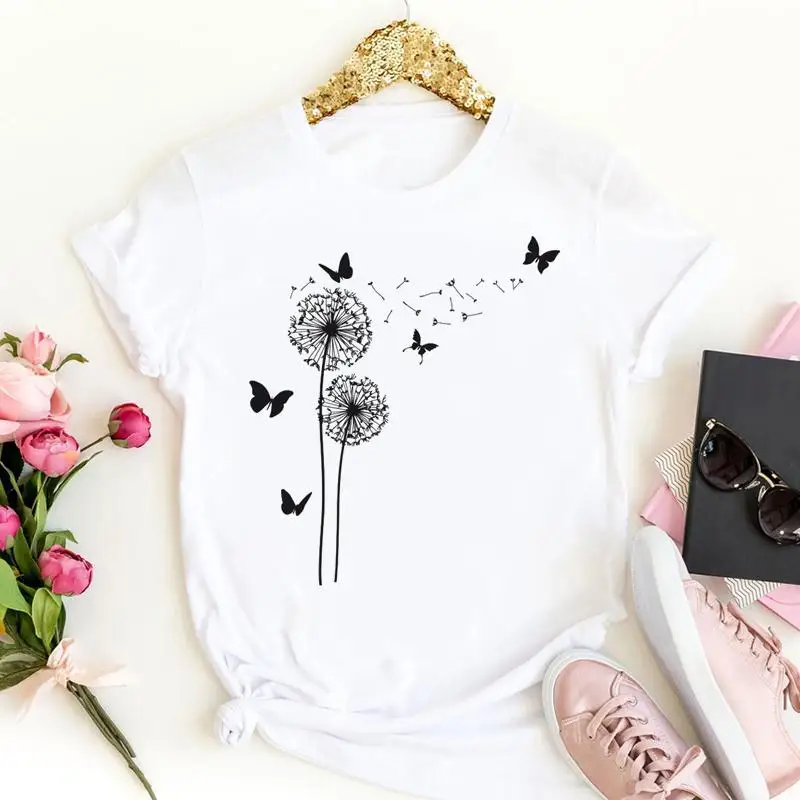 

Футболка женская с изображением одуванчика и бабочки, милая летняя одежда с коротким рукавом в стиле 90-х, топ с мультяшным графическим рисун...