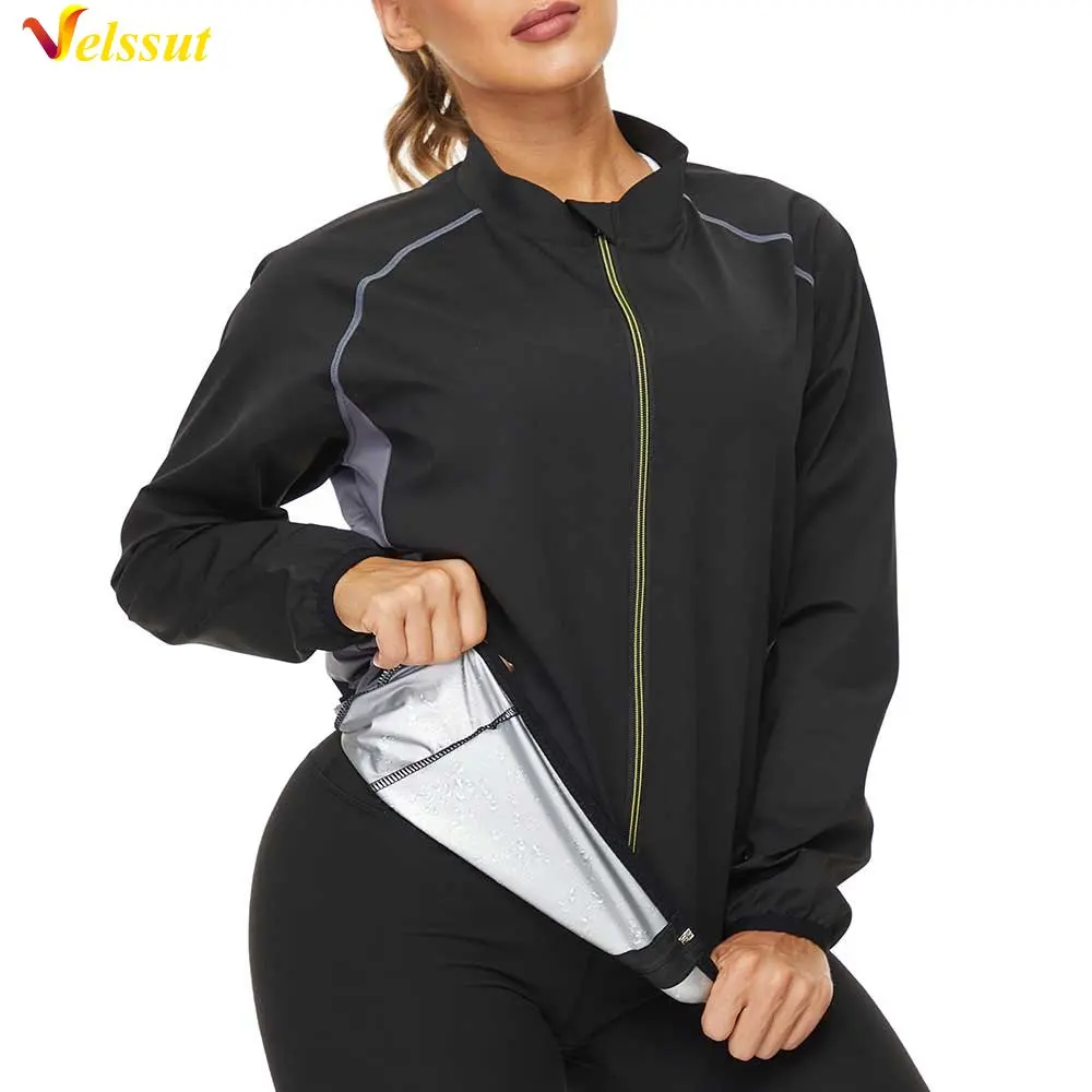 Velssut Sauna Jacket for Women Hot Sweat Top Weight Loss Shirt Fitness Long Sleeve Thermal Sportwear Fat Burner Gym Sport Zipper