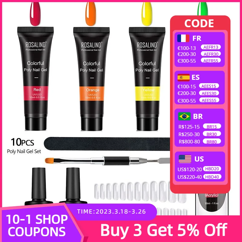 

ROSALIND Nail Extension Glue Poly UV Gel Set 15ml Crystal Clear Colors Gel With Nail Tools 10/12PCS Set For Nail Art Design