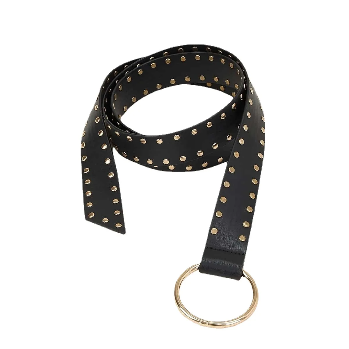 

New Women's PU Leather Black Rivet Belt Women's Dress Belt Belt Classic Round Buckle Adjustable Waist Chain 130 CM