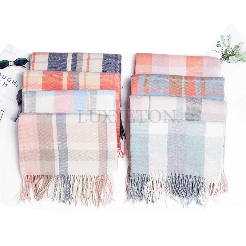 

New Winter Scarf Women Cashmere Warm Pashmina Gradient Plaid Foulard Female Scarves Wraps Thick Soft Bufanda Big Tassels Shawls