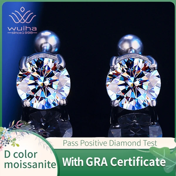 

WUIHA Classic Solid 925 Sterling Silver 3EX Round Cut 0.8ct VVS1 Real Moissanite Pass Test Diamond Studs Earrings for Women Gift
