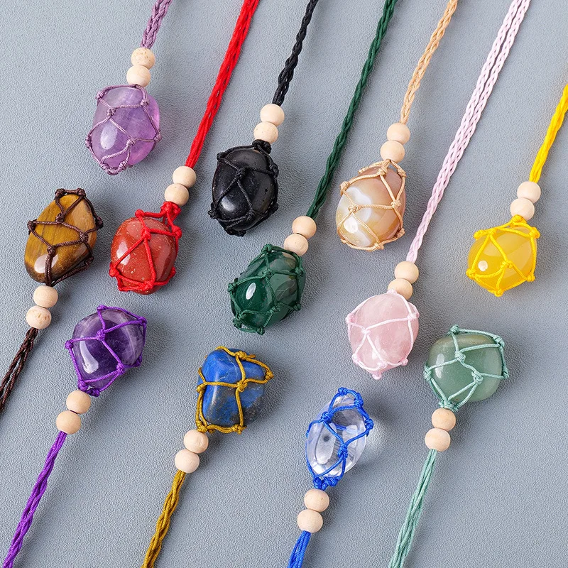 

10pcs Natural Rough Raw Stone Net Bag Necklaces Rose Quartz Amethyst Fluorite Crystal Pendant Necklace For Women Men