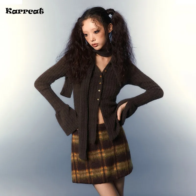 

Karrcat Grunge Aesthetics Knit Cardigans Vintage V-neck Flare Sleeve Knitwear With Scarf Wasteland Punk Single Breasted Sweater