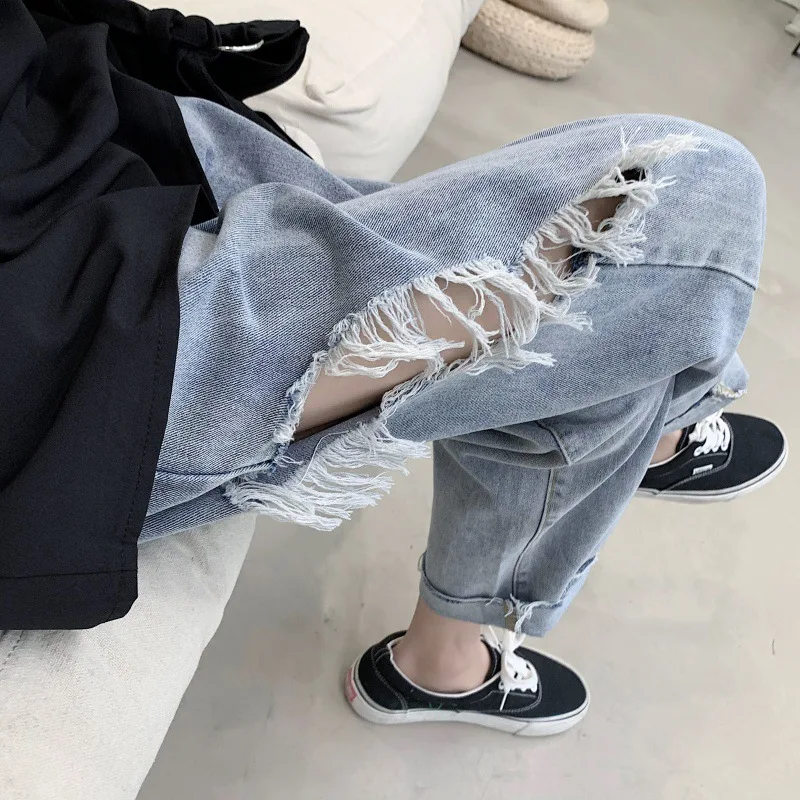 

Fashion 2022 Hip Hop Street Ripped Hole Denim Jeans Men's Straight Loose Trend Korean Wild Summer Thin Wide-leg Harem Pants
