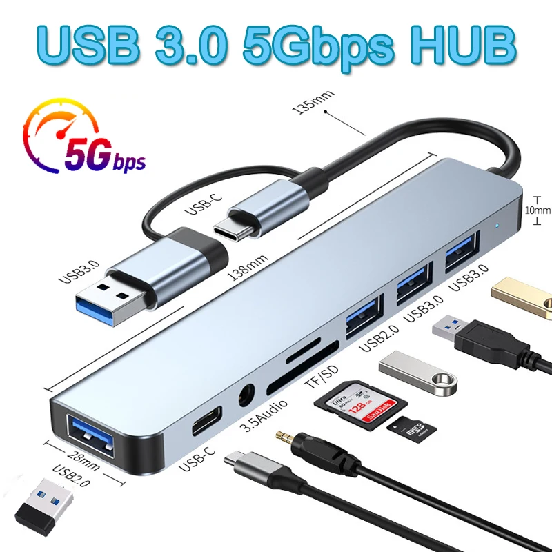 

USB 3.0 5/8 Port Hub OTG Adapter 5Gpbs High Speed USB 3.0 2.0 Splitter 3.5 Audio for Xiaomi Macbook Pro Air Computer Accessories