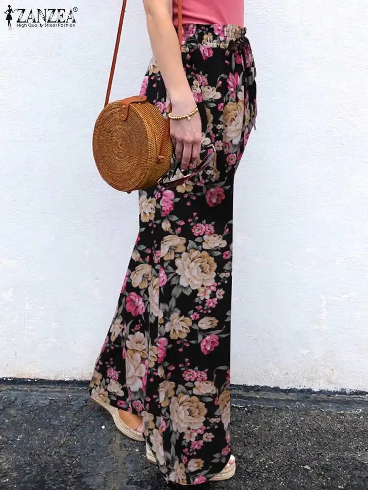 

Женские праздничные длинные брюки ZANZEA с эластичной талией, модные брюки с широкими штанинами и богемным цветочным принтом, осень 2023