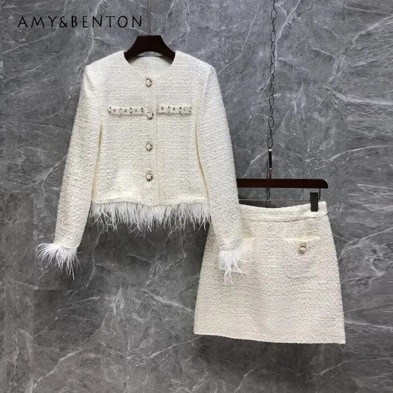 

Feather Short Coat and Skirt Suit for Women Spring and Autumn New Tweed Coat and Short Skirt Two-Piece Suit Slim Fit Fashion