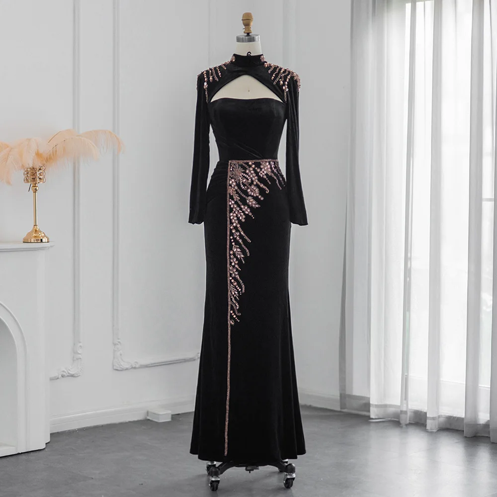 

Elegant Black Velvet Mermaid Muslim Evening Dress Luxury Dubai Long Sleeve Backless High Neck Arabian Women Wedding Party Gowns