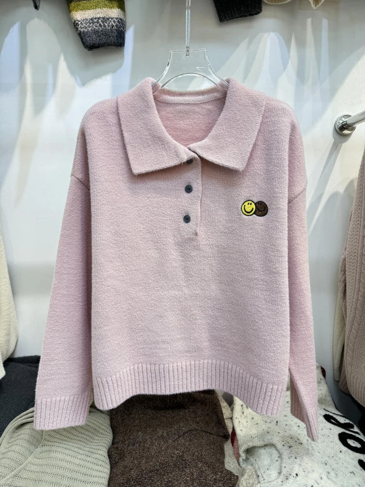 Smiley Embroidered Polo Collar Loose Idle Sle Short Mink Cashmere Sweater Women's Coat Autumn and Winter New Korean Fashion...