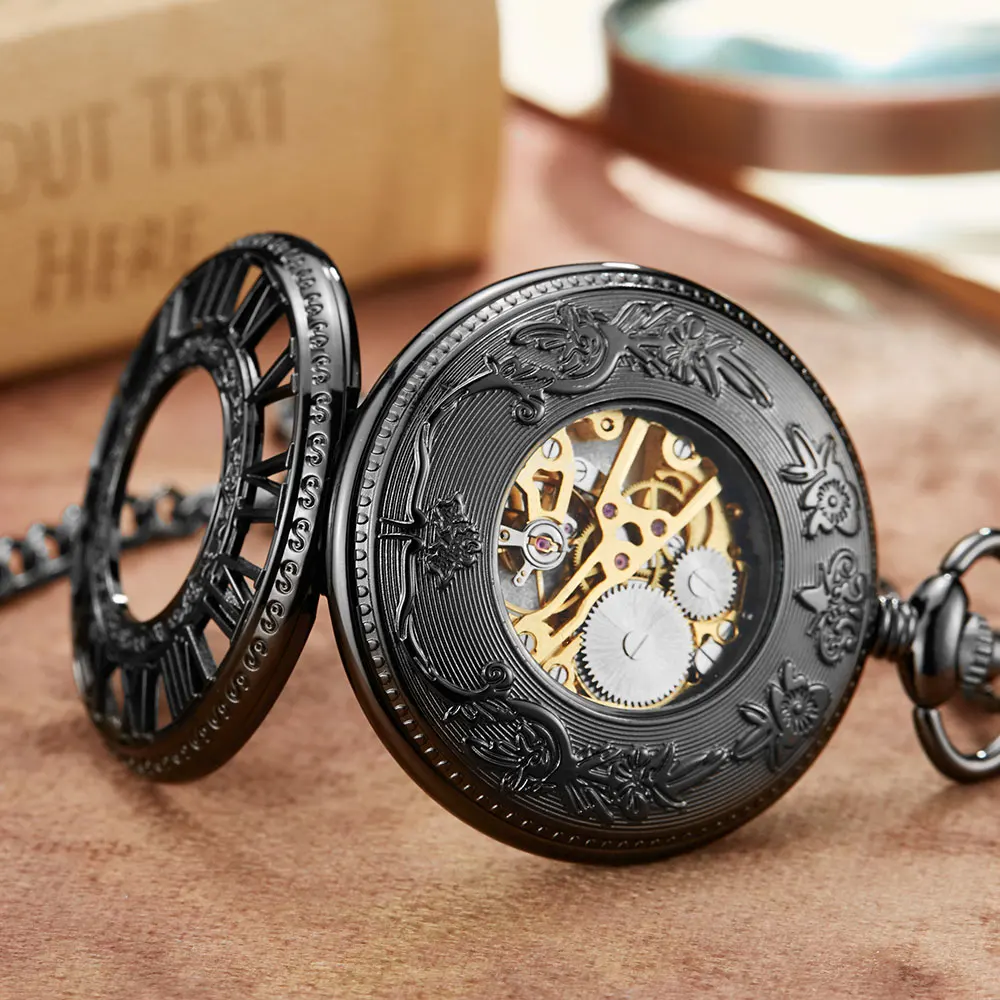 BENNEVIS  Retro Carved Exquisite Dial Mechanical Pocket Watch  Chain Luxury Hollow Black Roman Hand Wind Men Clock Pocket Watch