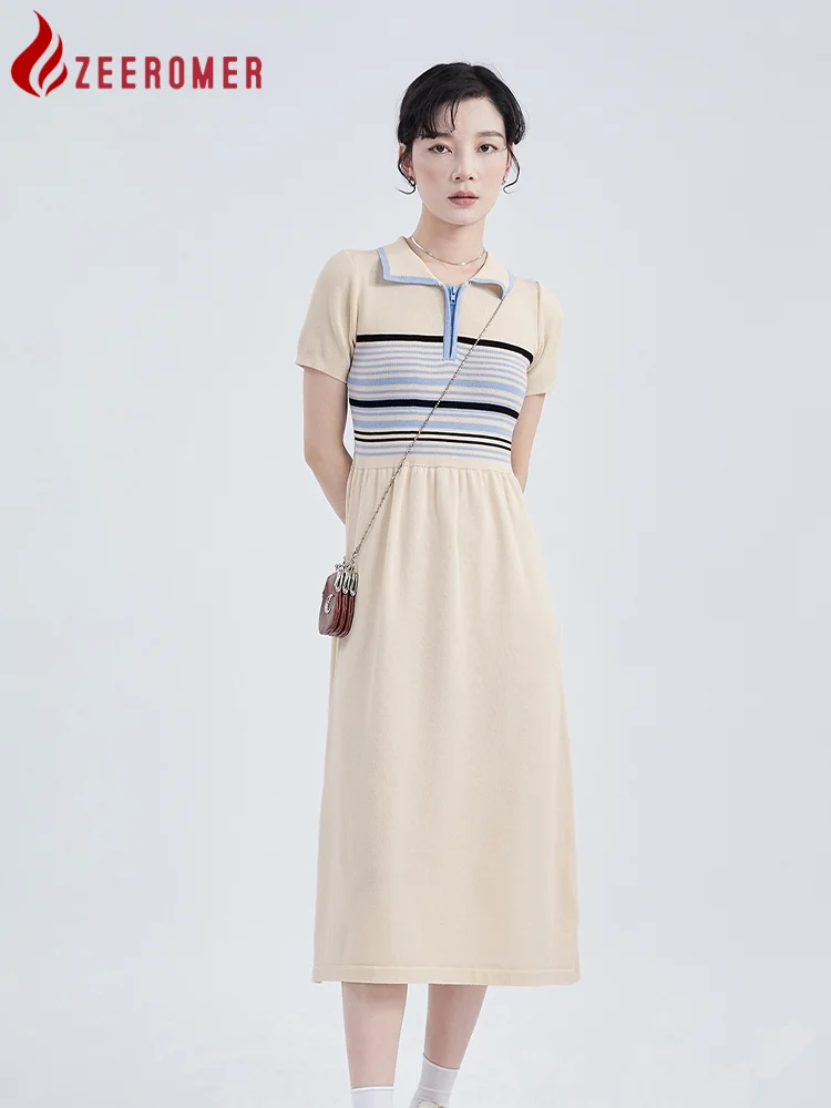 

2023 Summer Korean Vintage Striped Knitted Sweater Dress Women Fashion POLO Colar Short Sleeve Hit Color Slim A-line Midi Dress