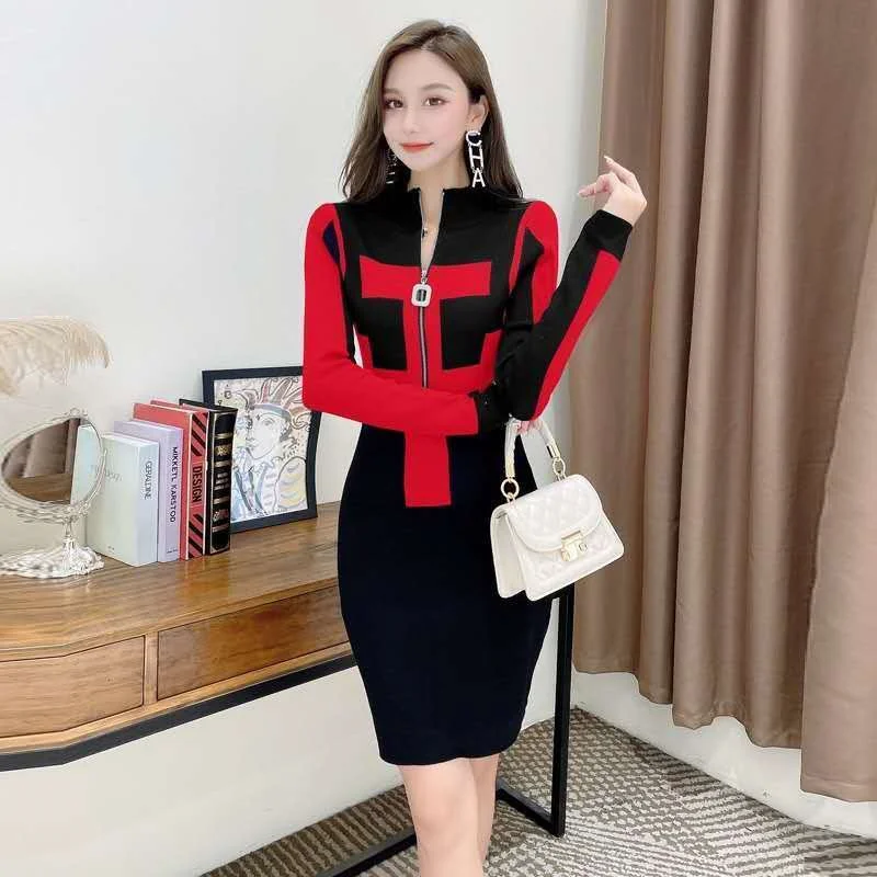 

Colourful Autumn winter Clothes Women Medium To Long New Slim Slim Dress Contrast Color Bag Hip Dress, Bottoming Sweater Girl