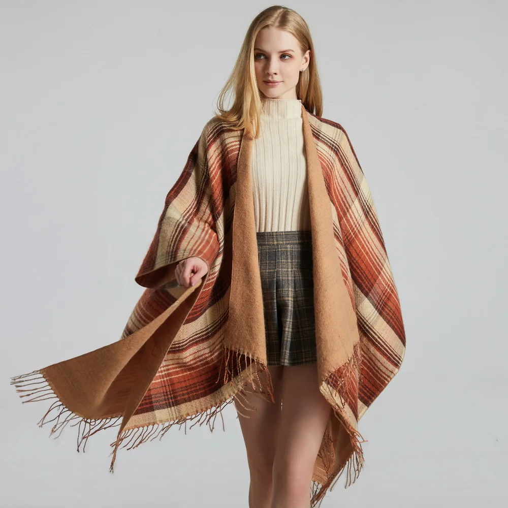 

New Faux Cashmere Classic Color Scotland Plaid Shawl Cardigan Tassel Open Front Ponchos and Capes Wrap Scarf Thickening