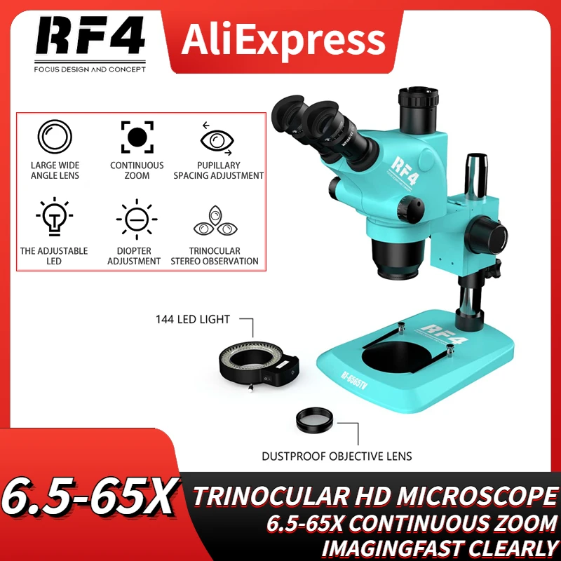 

RF4 RF-6565TV Industrial Optical Lab Zoom Trinocular Stereo Microscope Simul-Focal PCB Repair Rework Welding