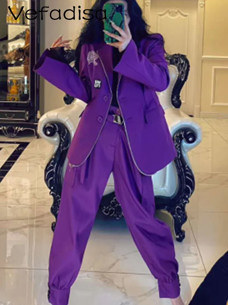 

Vefadisa 2023 Spring Autumn Causal Notched Coat Fashion Suit Unique Leggings Harem Trousers Women Classic Two Piece Set LWL050