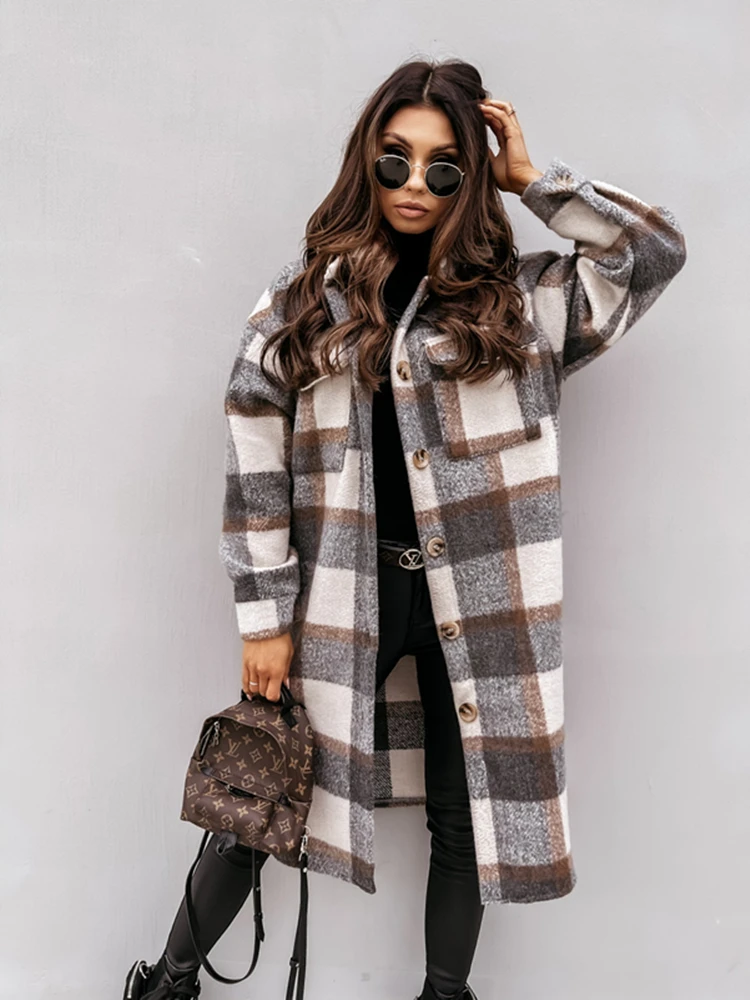 

2022 Plaid Print Retro Thick Long Jacket Outercoats Women Winter Woolen Coats Female Warm Korean Style England Style Outwear