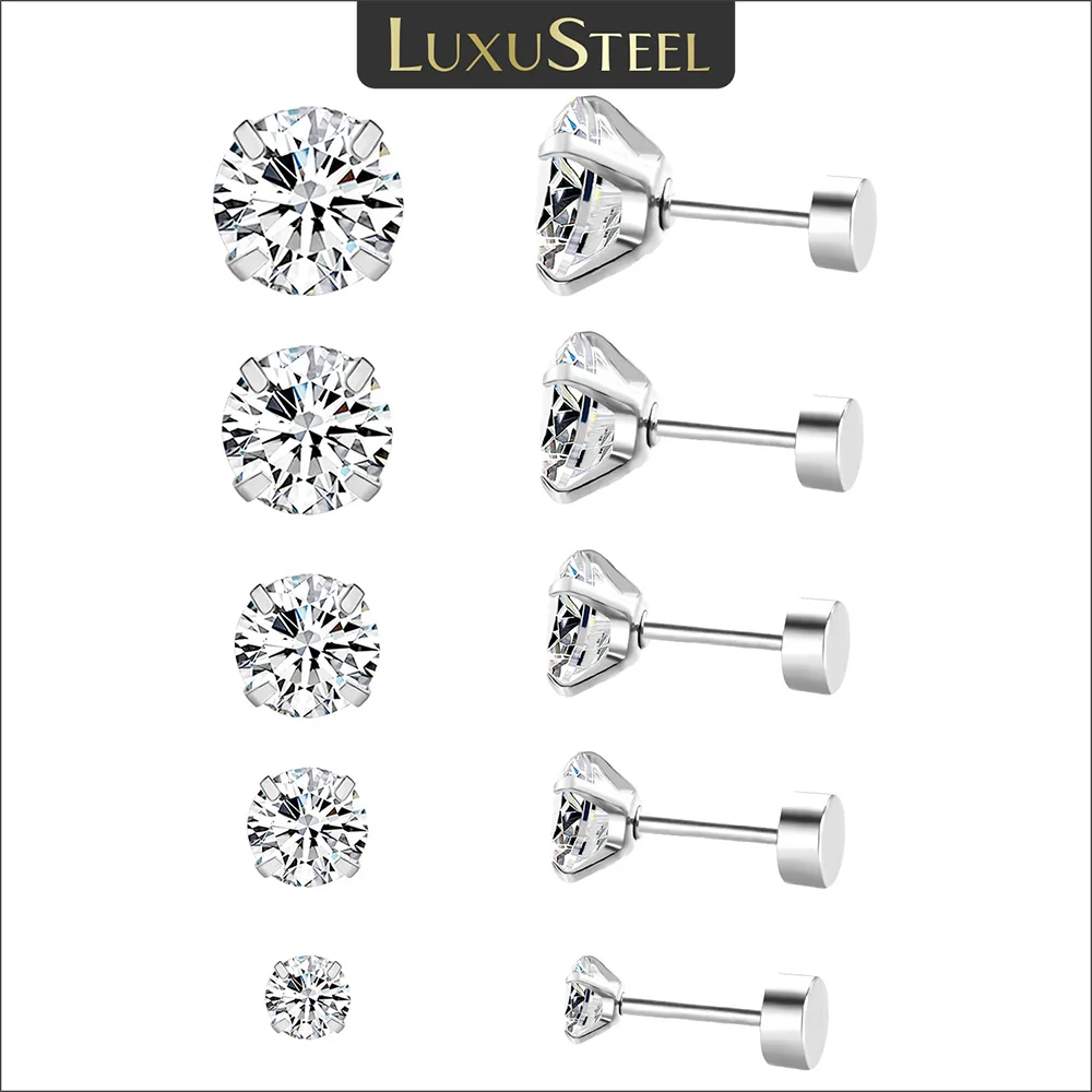 

LUXUSTEEL 5Pairs Medical Stainless Steel White Crystal Stud Earrings Women Men Round Zirconia Ear Piercing Wholesale 3/4/5/6/8MM