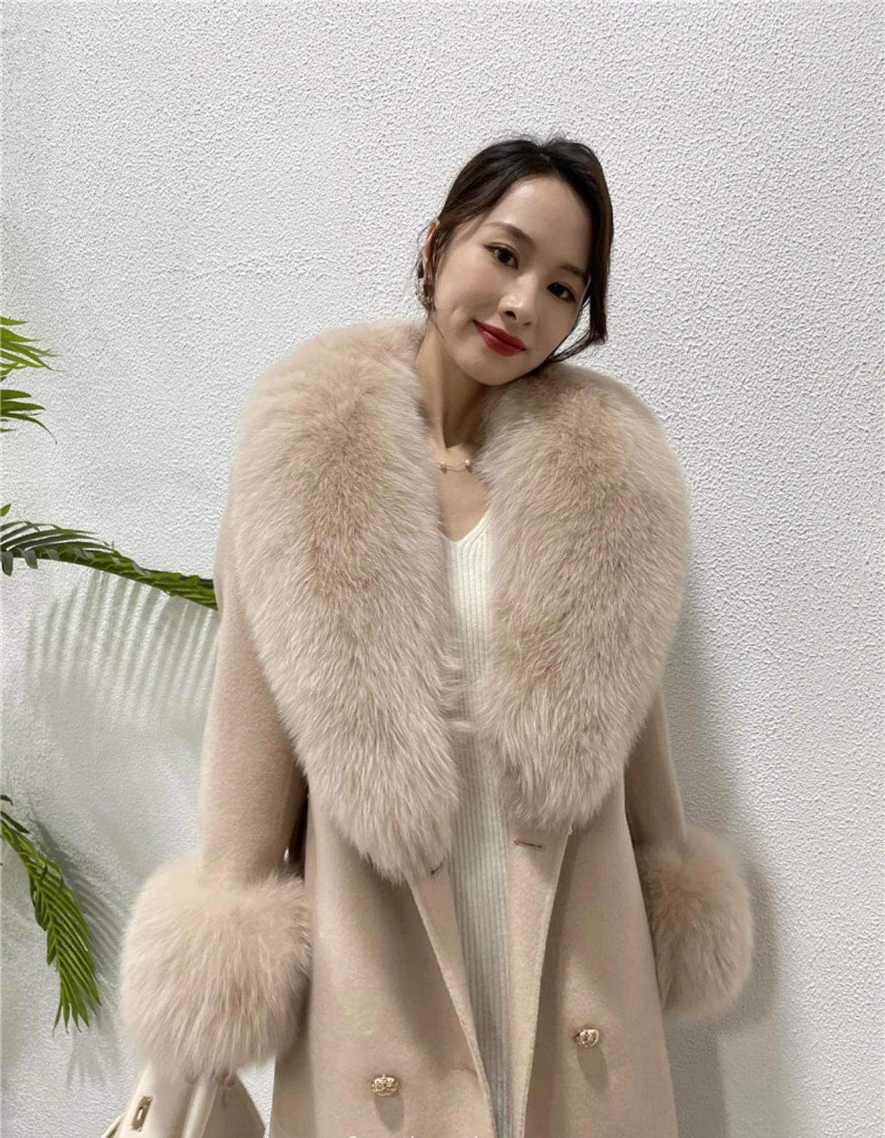 2022 Cashmere Wool Blends Real Fur Coat Belt Winter Jacket Women Natural Fox Fur Collar Cuffs Streetwear Outerwear  X-long
