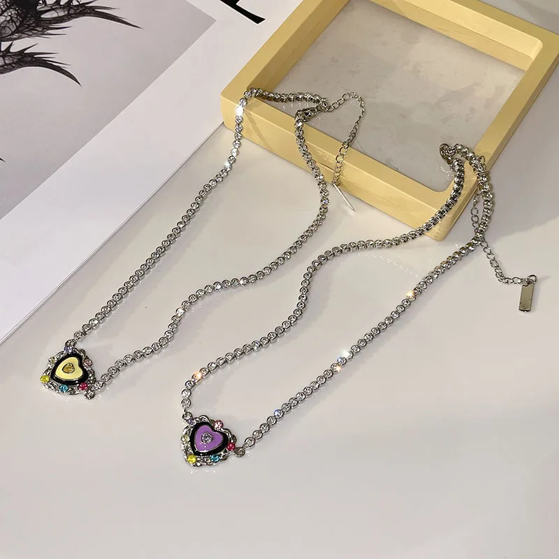 Aesthetic Coquette Jewelry Purple Yellow Heart Pendant Choker Necklace for Women Fairy Grunge Korean Kpop Chain Y2k Accessories