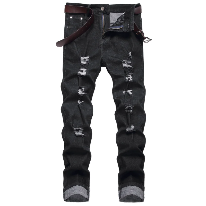 

Black Ripped Jeans Men Fashion Slim Destroyed Frayed Stretch Skinny Jeans Homme Casual Distressed Denim Pencil Pants Streetwear