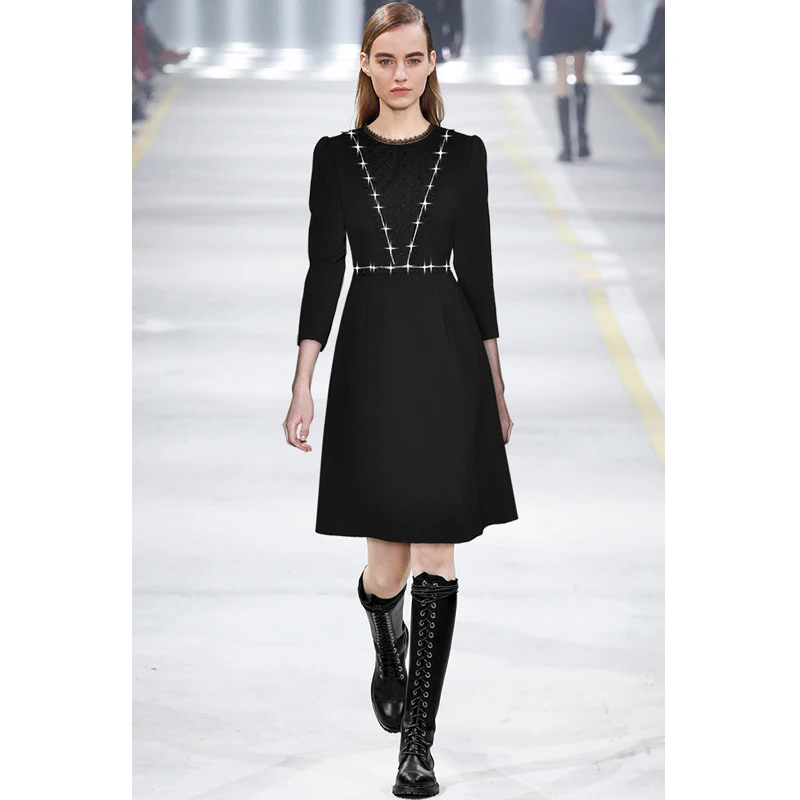 Janeyiren fashion runway dress Autumn and winter women wrist sleeve nailed beaded lace slim office women casual black dress