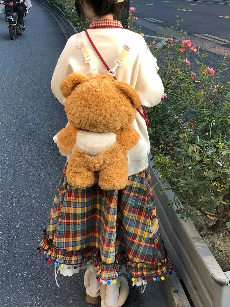 Фото Kawaii винтажная милая клетчатая юбка трапециевидной формы, женская дизайнерская шикарная лоскутная юбка с эластичной резинкой на талии, женская модная красивая свободная юбка Y2k №4