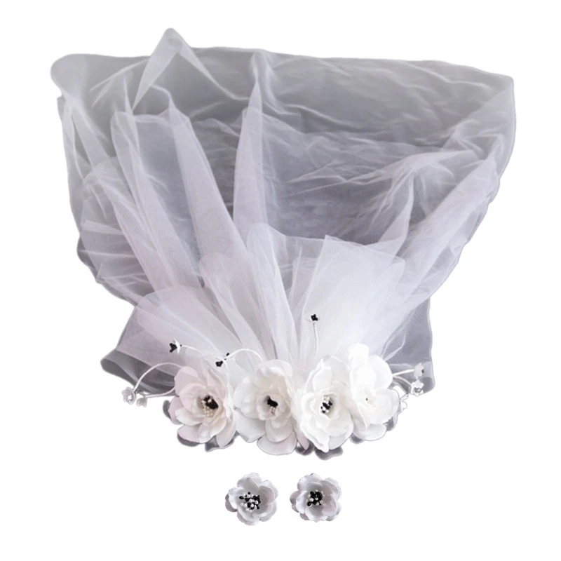 

Delicate Wedding Bride Veil with Flower Earrings Girls Bride Long Tulle Wedding Tiaras for Gorgeous Women Photography
