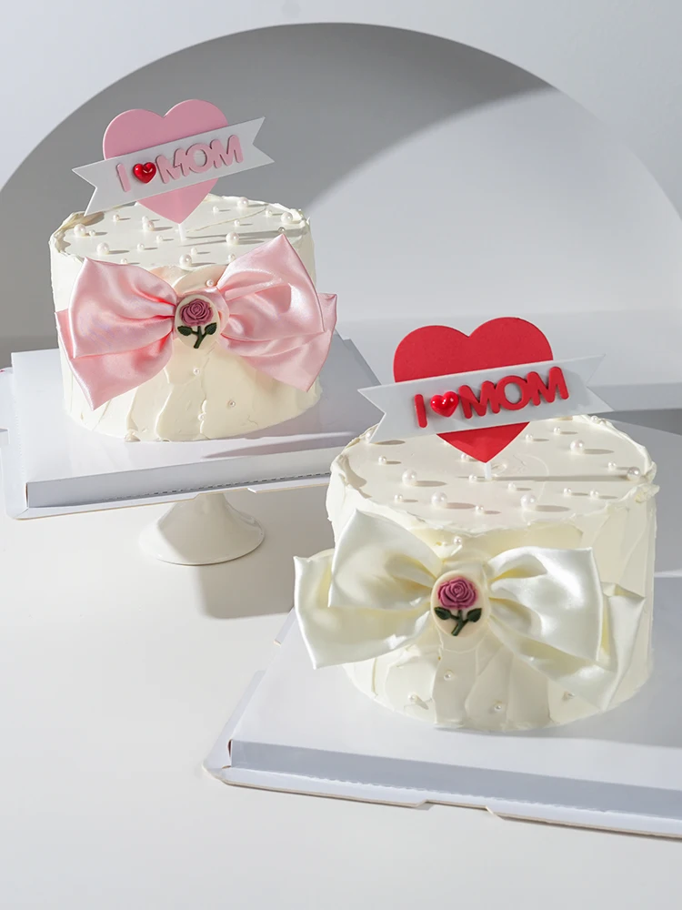 

Mother's Day I LOVE MOM Pearl Pink Bow Cake Topper Flower Wedding Girl Birthday Decoration Baking Dessert Baking Supplies Plugin