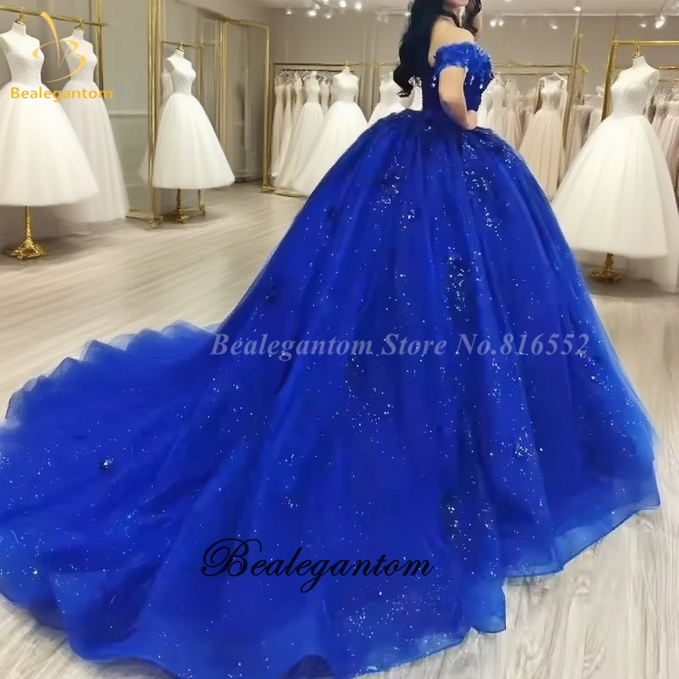 Фото Bealegantom Блестящие королевские синие платья Quinceanera с открытыми плечами и бисером, с кристаллами для дня рождения, Sweet 16, Vestidos De 15 Anos BQ1 №2