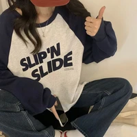 preppy style letter print splicing oversized t shirt korean fashion long sleeve crew neck loose woman clothes retro t shirt