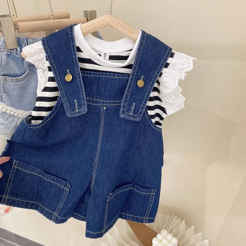 

Toddler Baby Girl Summer Clothing Striped Tshirt+Jeans Overalls Kids Clothes Girls Tracksuit Children Outfits Set ملابس اطفال