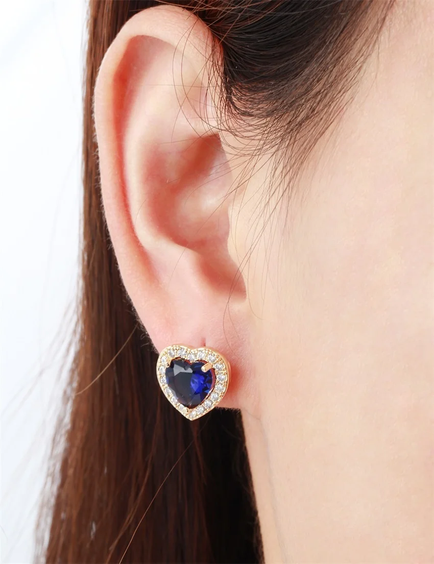 Yellow Gold Color Peach Heart Blue Paved CZ Stud Earrings for Women Luxury Jewelry Aros Oorbellen Orecchini