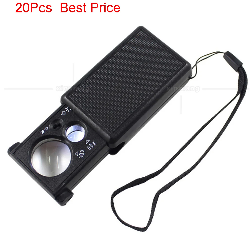

20Pcs/lot 30x 60x Led Lamp Uv Banknote Verification Jewelry Antique Stamp Appreciation Magnifier Glass Portable Hanging Rope