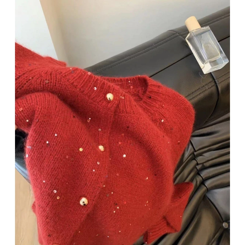 KUSAHIKI блестящий свитер с круглым вырезом кардиган для женщин осень-зима 2024 новое