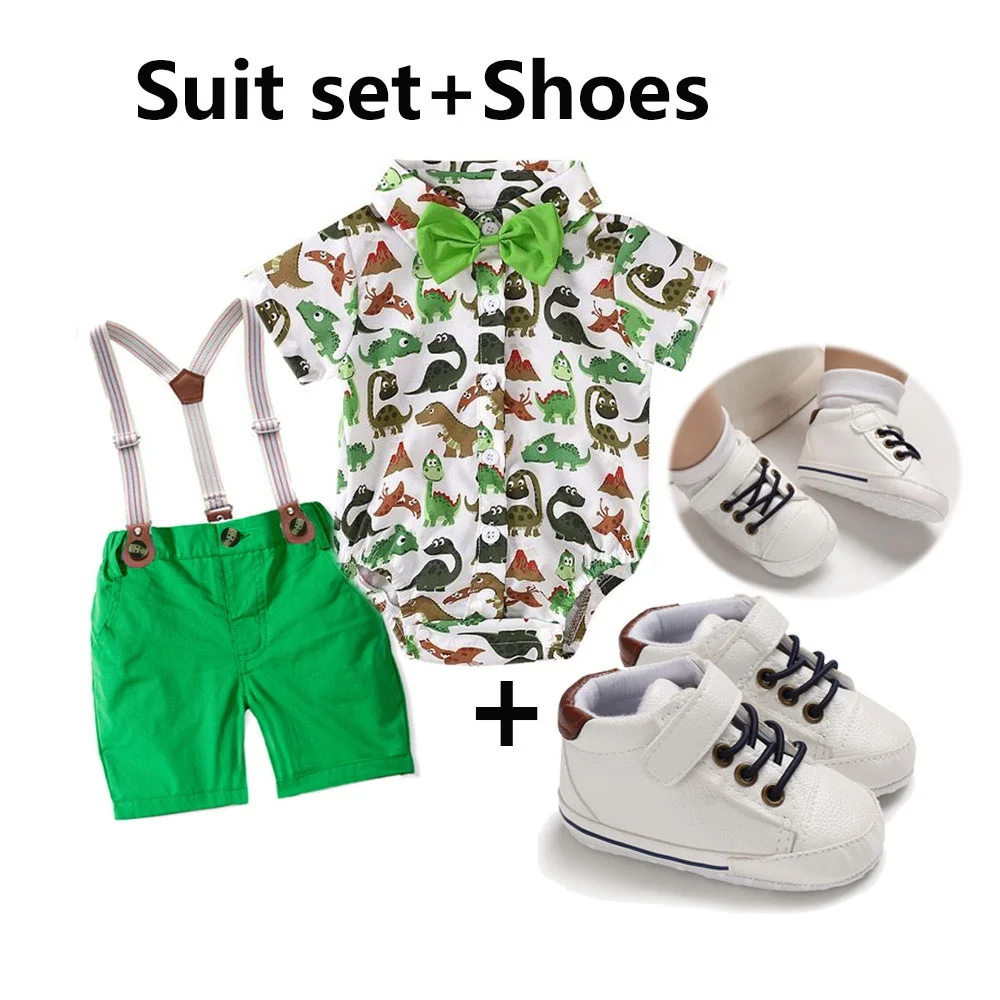 3pcs Set 1yr Old Baby Boy Clothes  Birthday Outfit Cake Smash Romper Shoes Dinosaur Them  Photograph  0-18M