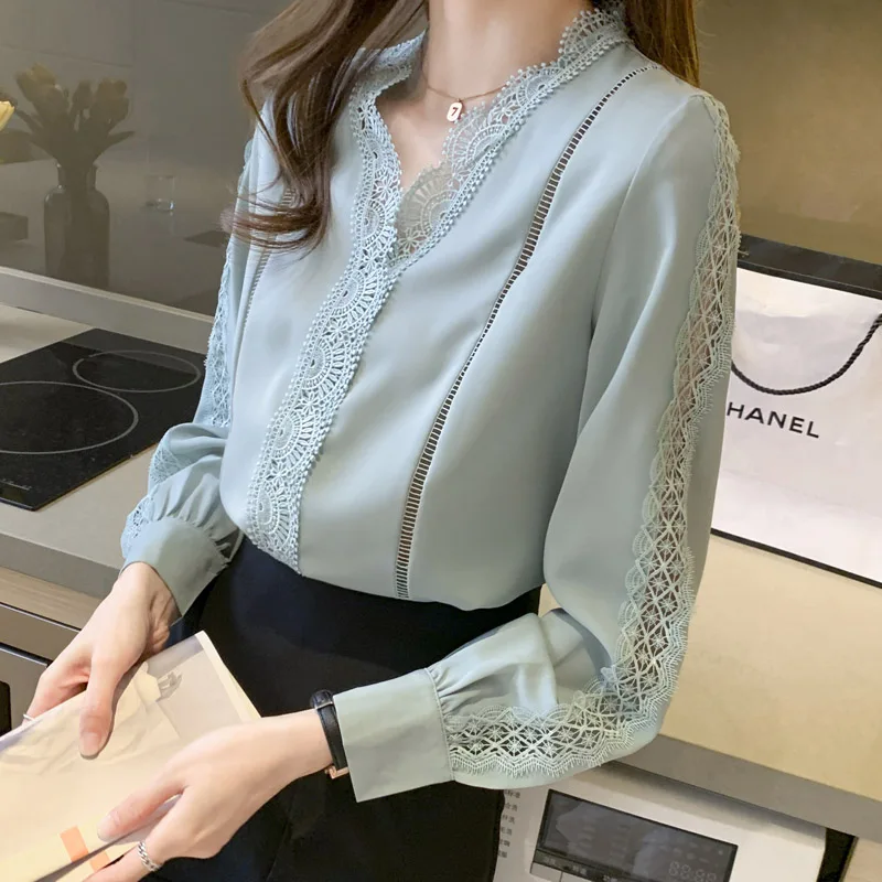 

Женская кружевная шифоновая рубашка, повседневный однотонный облегающий пуловер с длинным рукавом и V-образным вырезом, топы для весны и осени, 25011