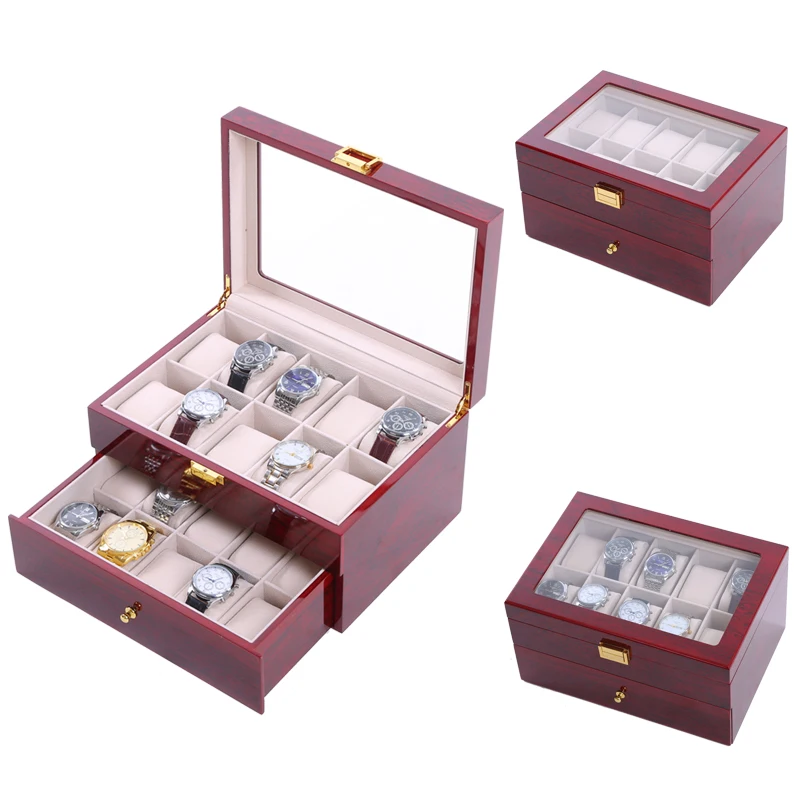 Держатель для часов с 20 отделениями, органайзер для хранения, красная двухслойная деревянная коробка для часов с распылителем, коробка для дисплея, мужские часы 28x20x16 см
