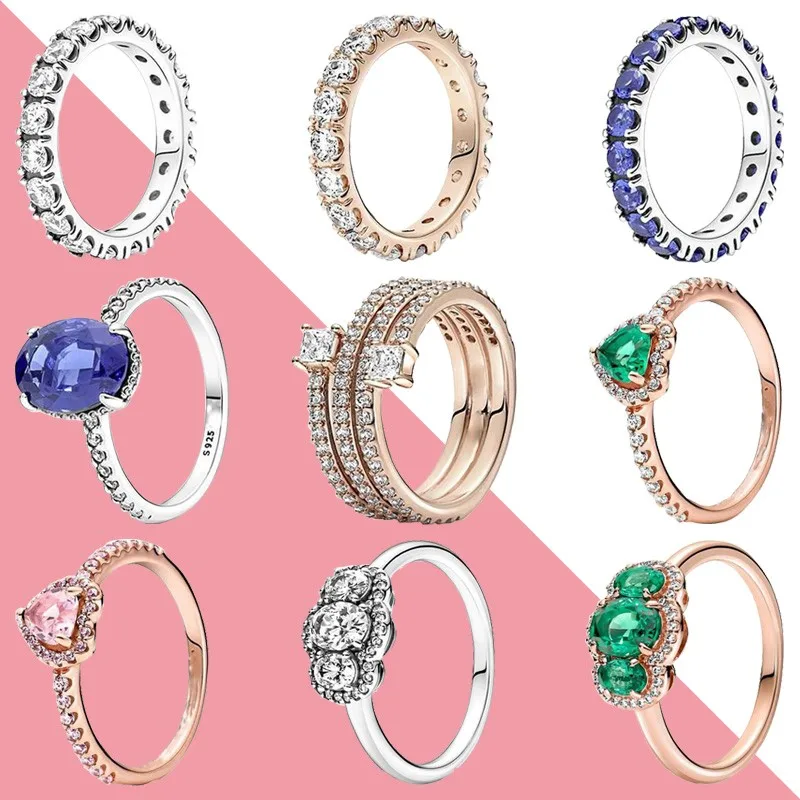 

2022 Original Luxury 925 Sterling Silver Authentic Pan Ring For Women Heart Shaped Blue Gem Cz Rings Diy Fashion Wedding Jewelry