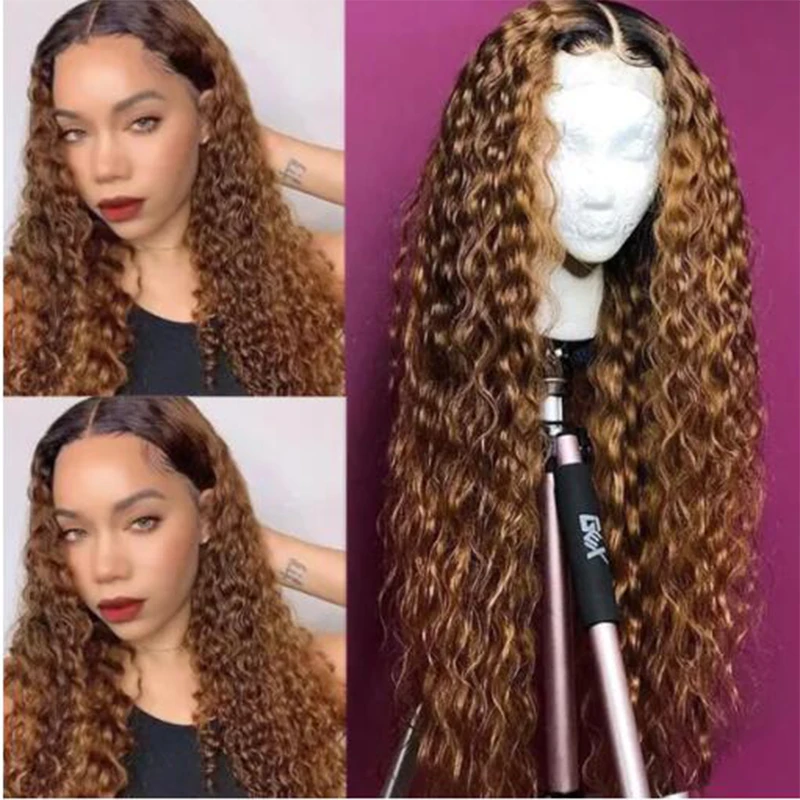 

Soft 26"Long Kinky Cruly 180Density Ombre Honey Blonde Brown Lace Front Wig for Black Women BabyHair Glueless Preplucked Daily