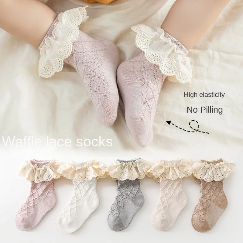 

2023 Fashion Newborn Toddlers Girls Ruffled Socks Frilly Cotton Ankle Socks with Lacework Decoration 0-3Y Baby Girls Socks