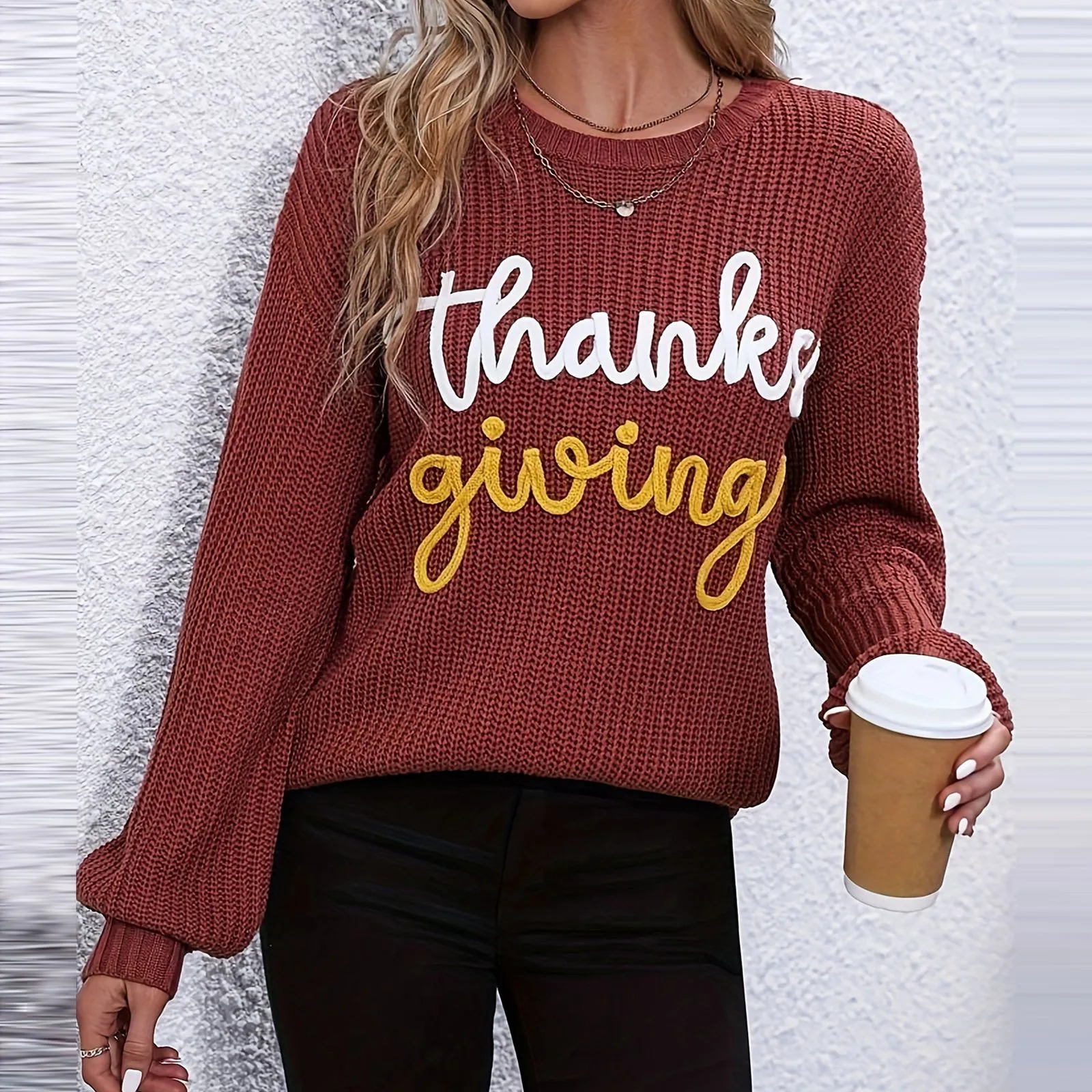 Женский Повседневный пуловер с надписью и круглым вырезом свитеры карманами