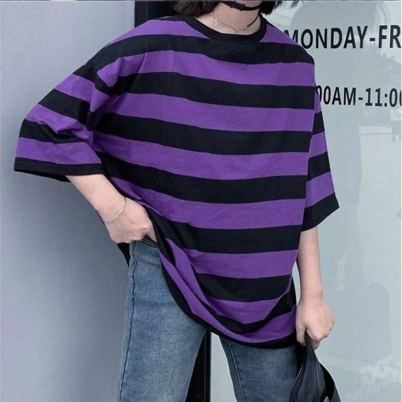 

Hip Hop T-Shirt Women Oversized Striped T Shirt O-Neck Tops Purple Japan Harajuku Tees Y2K Sweet Punk Streetwear Fashion Egirl